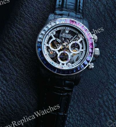 Rolex Daytona Skeleton Face Dandong 4130 Movement 40mm Rainbow Bezel White Subdial Black Leather Band Watch